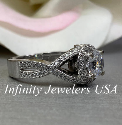 Round Cut Moissanite Engagement Ring 14K White Gold Infinity Design Halo Moissanite Engagement Ring For Women Unique Moissanite Ring   #3800