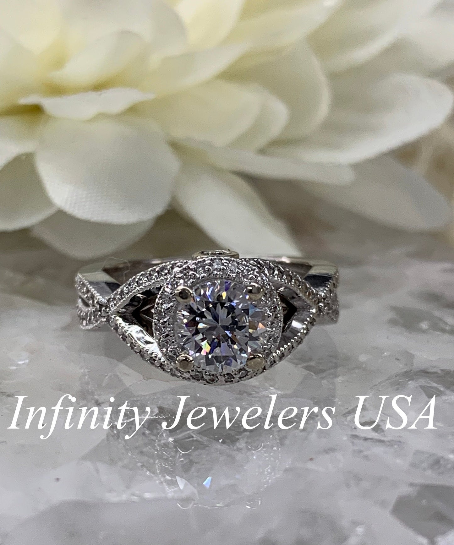 Round Cut Moissanite Engagement Ring 14K White Gold Infinity Design Halo Moissanite Engagement Ring For Women Unique Moissanite Ring   #3800