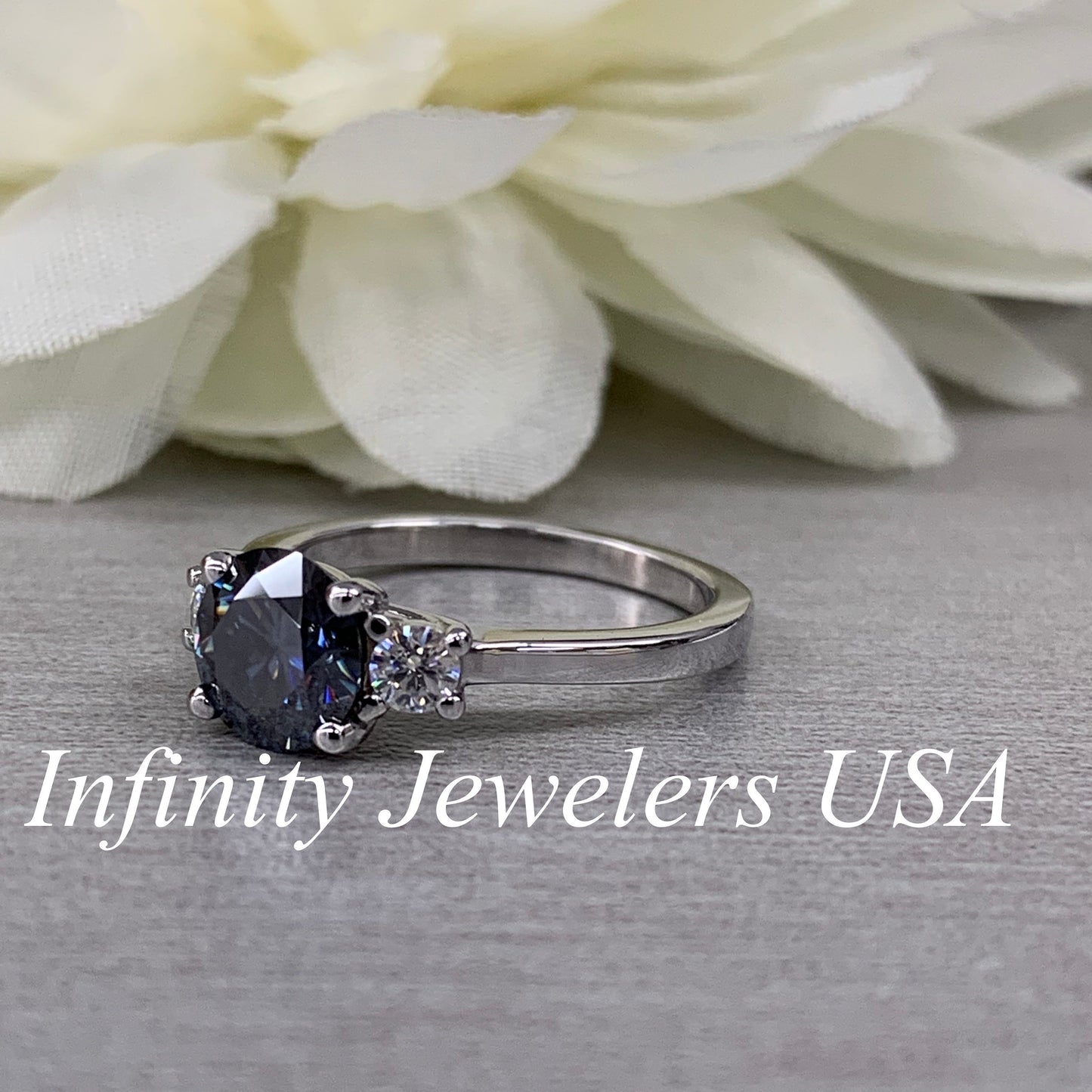 Certified Moissanite Round Charcoal Grey Engagement Ring With Round Accents In 14K White Gold