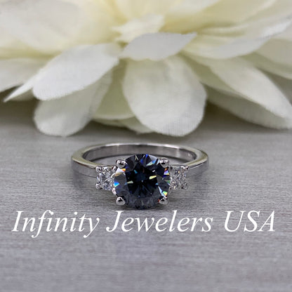 Certified Moissanite Round Charcoal Grey Engagement Ring With Round Accents In 14K White Gold