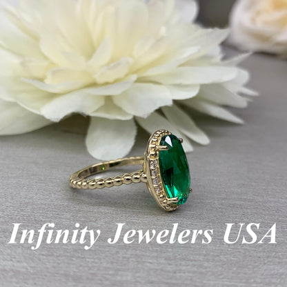 Elongated Checkerboared Oval Ladies Ring / Green Emerald Engagement Ring / Diamond And Emerald Wedding Ring / 14k Yellow Gold