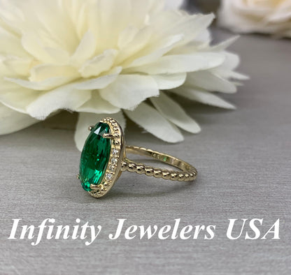 Elongated Checkerboared Oval Ladies Ring / Green Emerald Engagement Ring / Diamond And Emerald Wedding Ring / 14k Yellow Gold