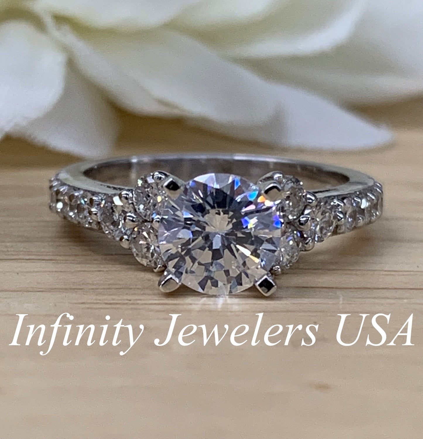 Moissanite Engagement Ring, Round Brilliant Moissanite Engagement Ring With Round Side Accents Engagement Ring, Solitaire Moissanite Ring