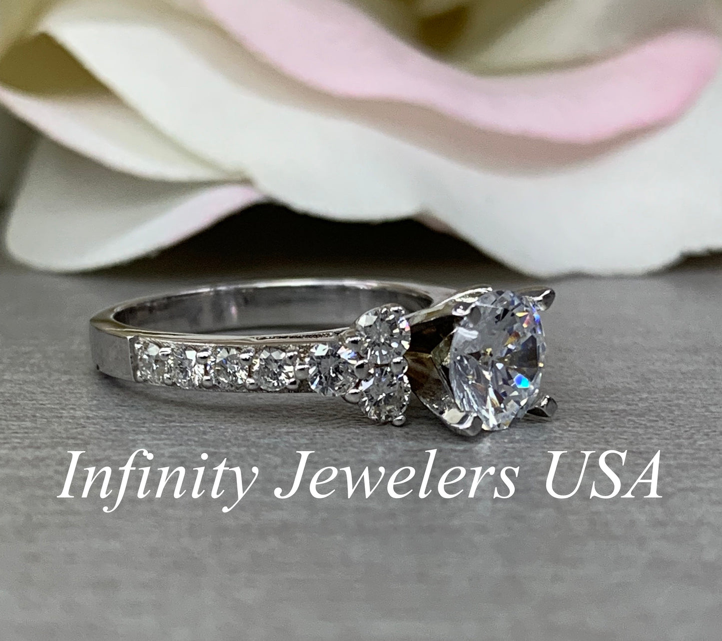 Moissanite Engagement Ring, Round Brilliant Moissanite Engagement Ring With Round Side Accents Engagement Ring, Solitaire Moissanite Ring