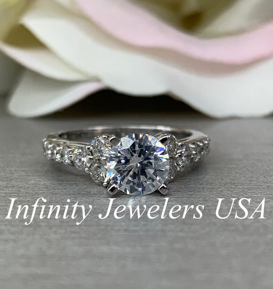 Moissanite Engagement Ring, Round Brilliant Moissanite Engagement Ring With Round Side Accents Engagement Ring, Solitaire Moissanite Ring