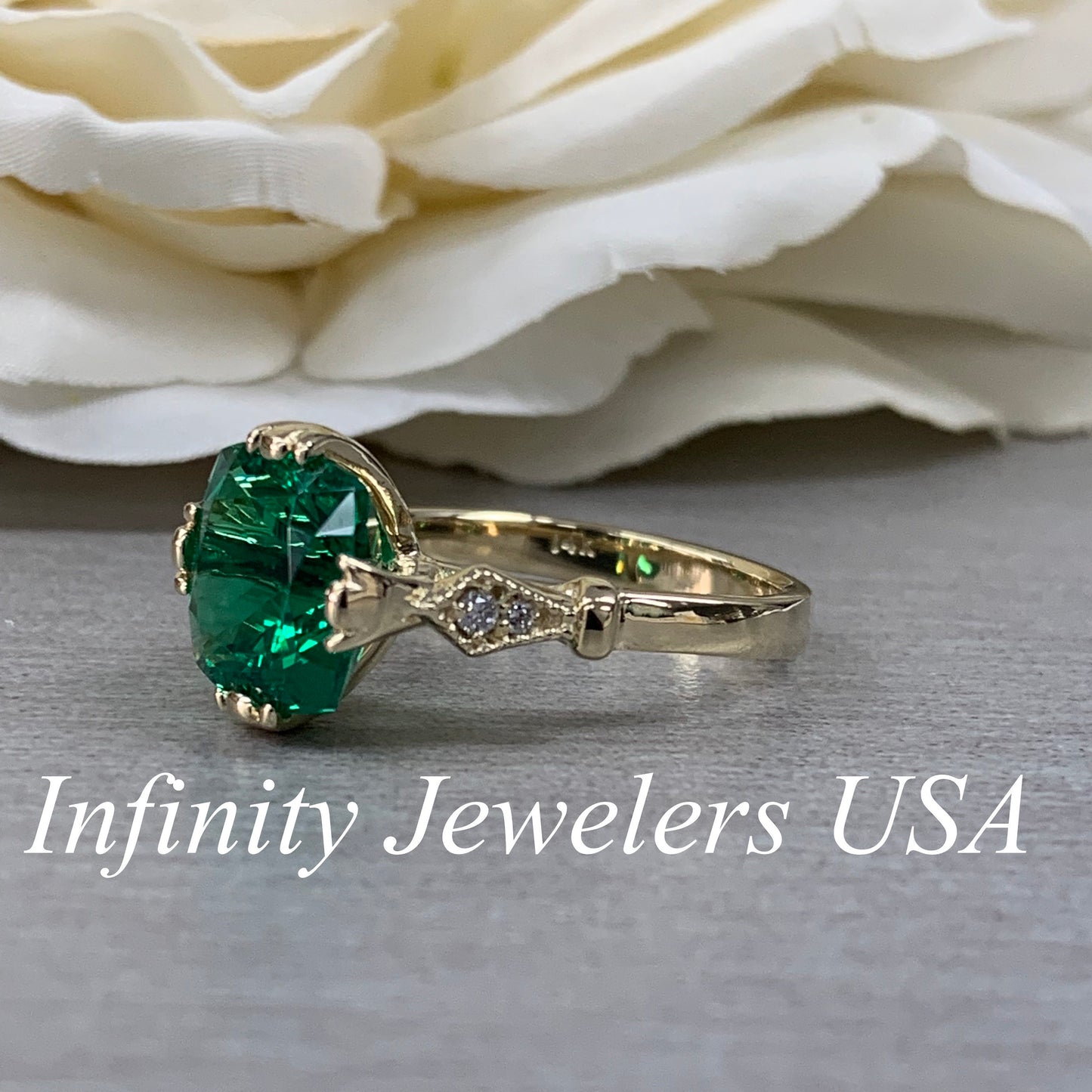 Cushion Cut Emerald And Diamond Engagement Ring, 14k Yellow Gold Cushion Cut Emerald Wedding Ring, Ladies Emerald And Diamond Ring     #5975