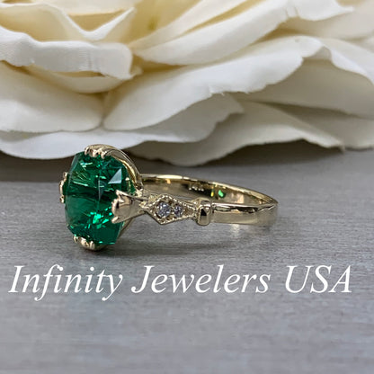Cushion Cut Emerald And Diamond Engagement Ring, 14k Yellow Gold Cushion Cut Emerald Wedding Ring, Ladies Emerald And Diamond Ring     #5975