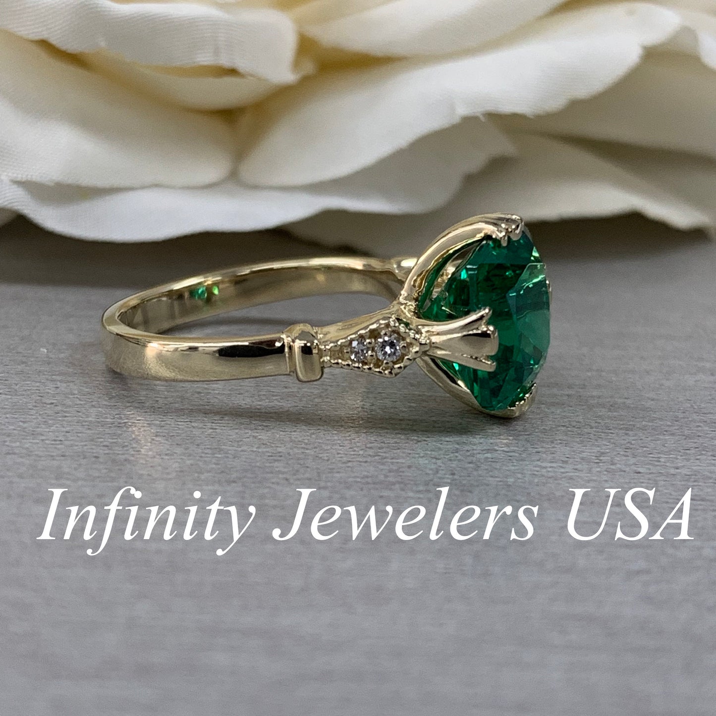 Cushion Cut Emerald And Diamond Engagement Ring, 14k Yellow Gold Cushion Cut Emerald Wedding Ring, Ladies Emerald And Diamond Ring     #5975