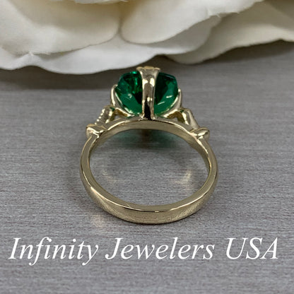 Cushion Cut Emerald And Diamond Engagement Ring, 14k Yellow Gold Cushion Cut Emerald Wedding Ring, Ladies Emerald And Diamond Ring     #5975