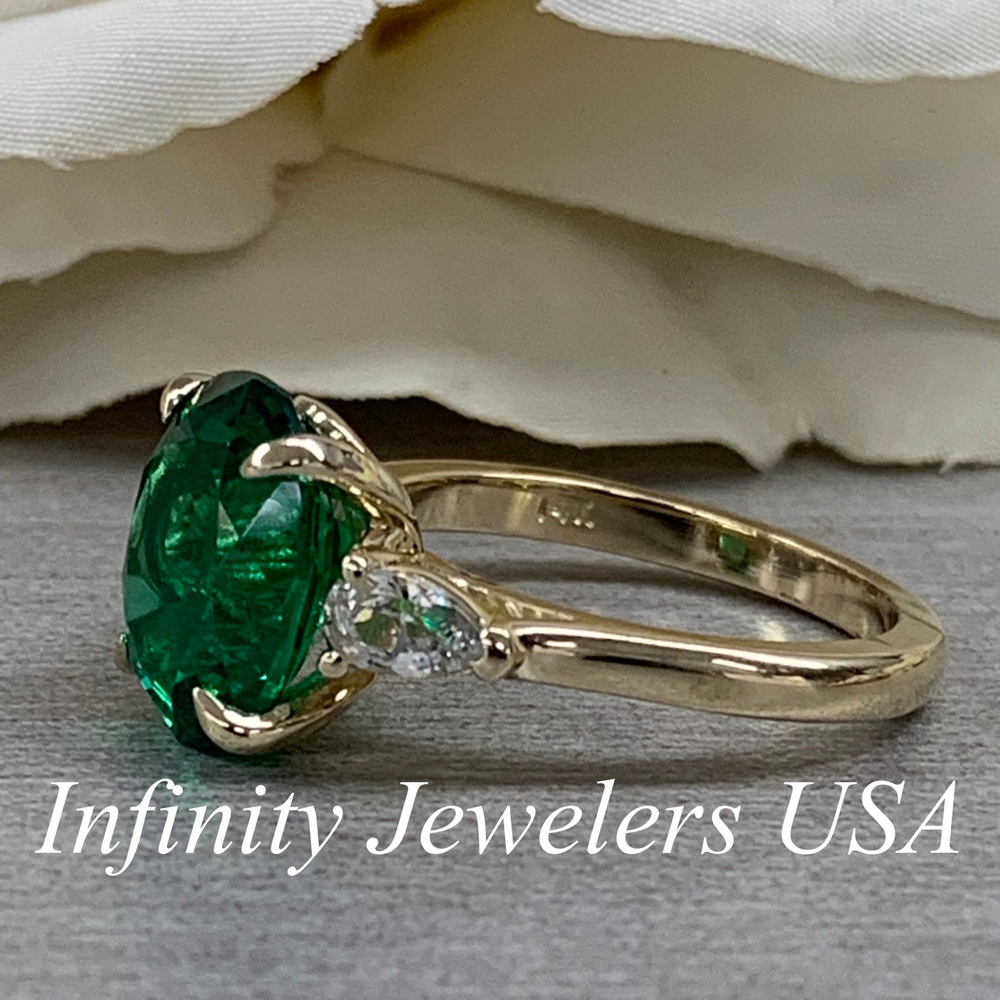 Oval Emerald Engagement Ring, Emerald Ladies Ring, White Sapphire Pear Wedding Ring, Moissanite Ring, 14K Yellow Gold Anniversary Ring