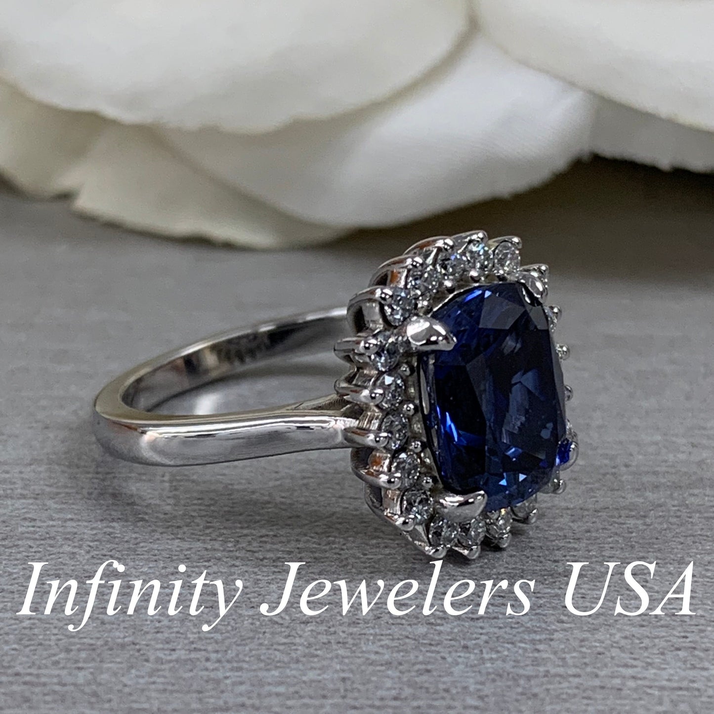 Cushion Cut Blue Sapphire And Diamond Halo Engagement Ring, Ladies Elongated Cushion Cut Blue Sapphire And Moissanite Halo Wedding Ring 6522