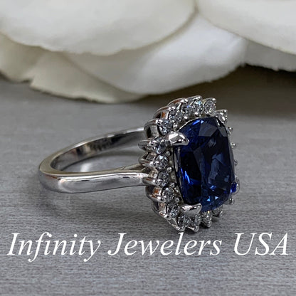 Cushion Cut Blue Sapphire And Diamond Halo Engagement Ring, Ladies Elongated Cushion Cut Blue Sapphire And Moissanite Halo Wedding Ring 6522