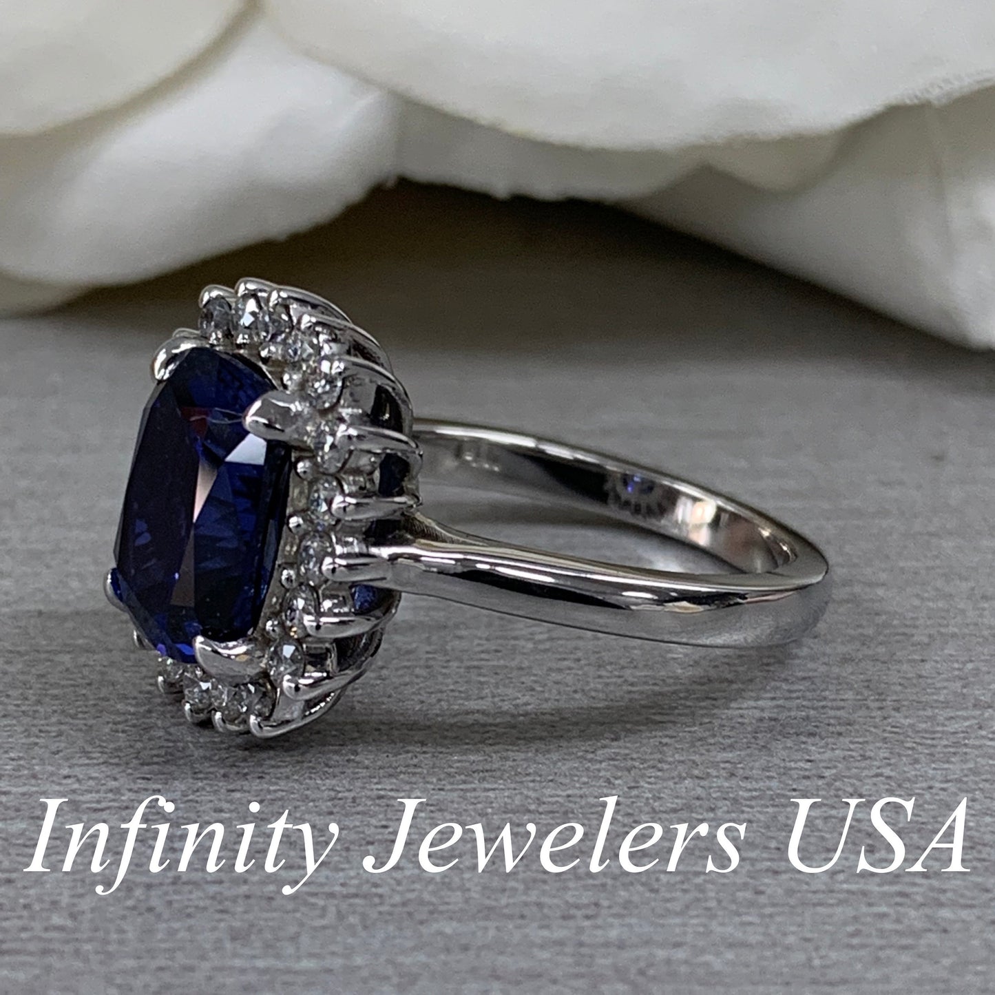 Cushion Cut Blue Sapphire And Diamond Halo Engagement Ring, Ladies Elongated Cushion Cut Blue Sapphire And Moissanite Halo Wedding Ring 6522