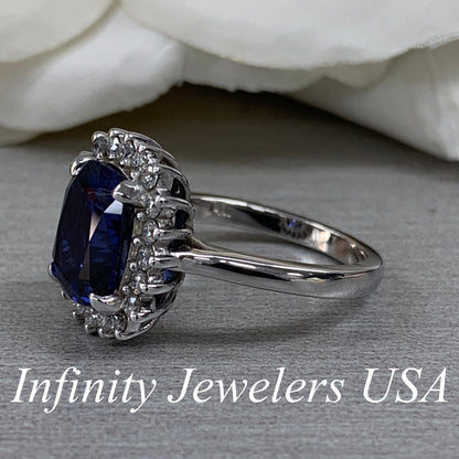 Cushion Cut Blue Sapphire And Diamond Halo Engagement Ring, Ladies Elongated Cushion Cut Blue Sapphire And Moissanite Halo Wedding Ring 6522