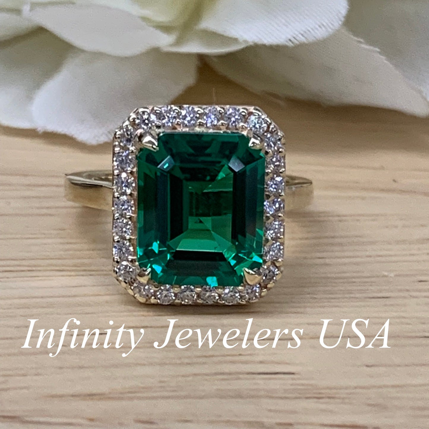 Emerald Engagement Ring, Emerald Green Engagement Ring,  Moissanite Halo Engagement Ring, Anniversary Ring, 14k Yellow Gold 6534