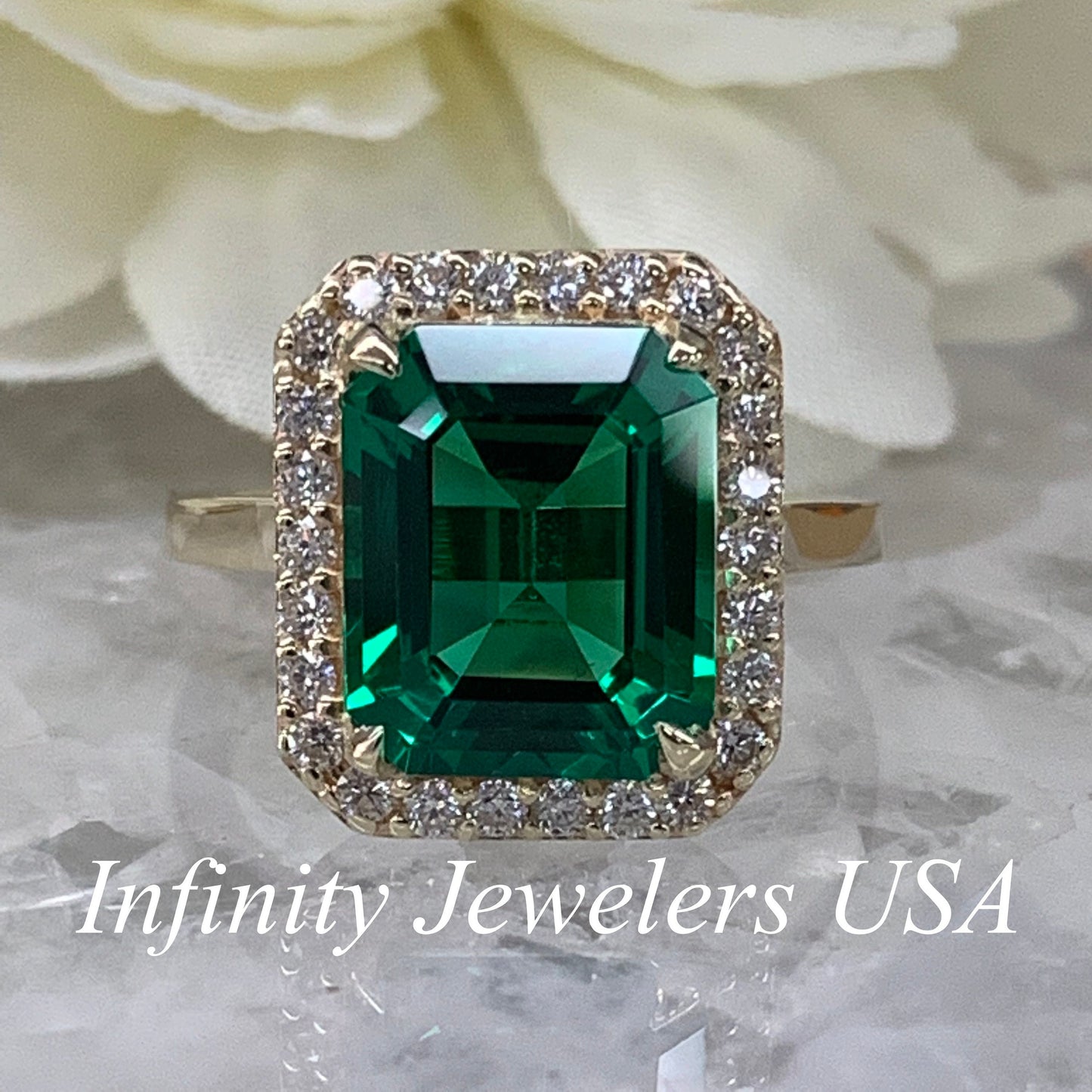 Emerald Engagement Ring, Emerald Green Engagement Ring,  Moissanite Halo Engagement Ring, Anniversary Ring, 14k Yellow Gold 6534