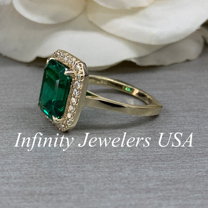 Emerald Engagement Ring, Emerald Green Engagement Ring,  Moissanite Halo Engagement Ring, Anniversary Ring, 14k Yellow Gold 6534
