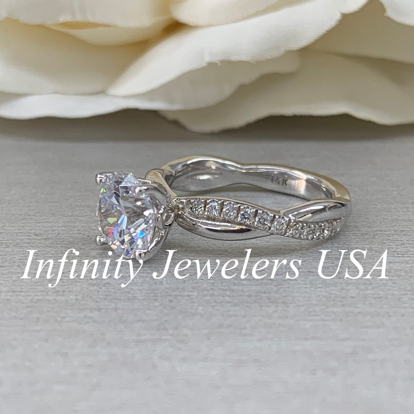 Moissanite Engagement Ring White Gold Round Shaped Moissanite Engagement Ring with Diamond Infinity Band Unique Vintage Promise Rings  #5201