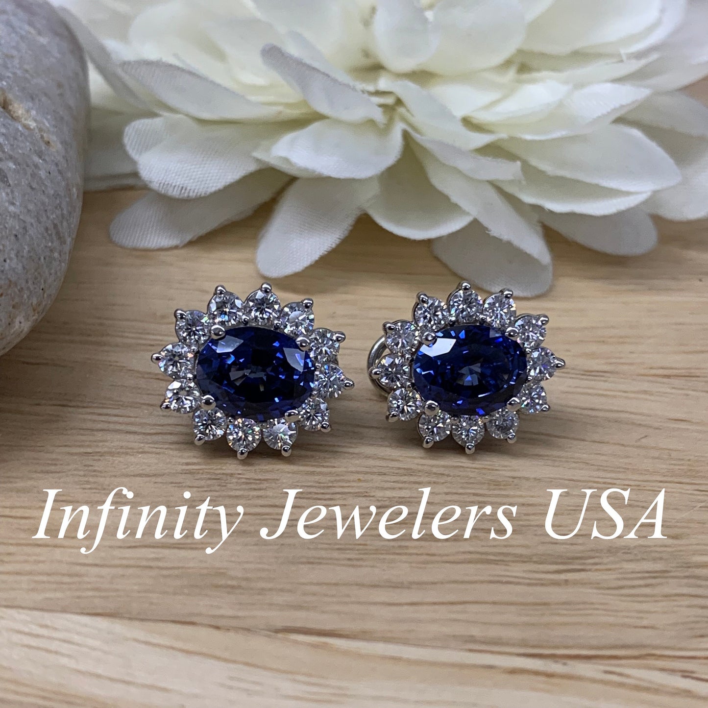 Halo Stud Earrings, Blue Sapphire Stud Earrings, Forever One Halo Studs, Everyday Earrings, 14k Gold Earrings, Gift Ideas For Her #6544