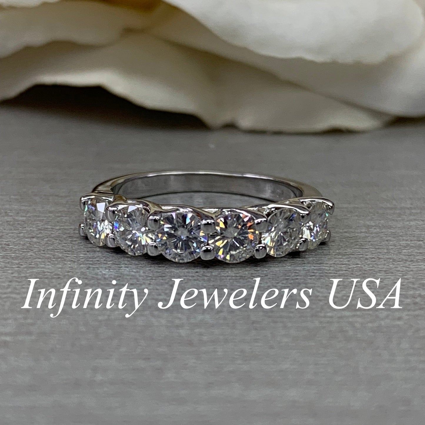 Moissanite wedding band / round  stone  anniversary band /  criss cross setting in 14k gold 6555