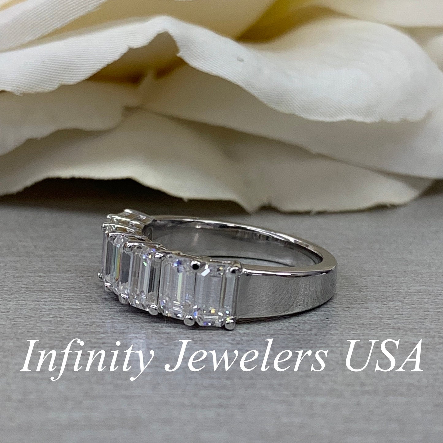 Emerald Cut Moissanite Wedding Band, Seven Stone Emerald Cut Moissanite Anniversary Band, 14k Gold Emerald Cut Moissanite Wedding Ring #5779
