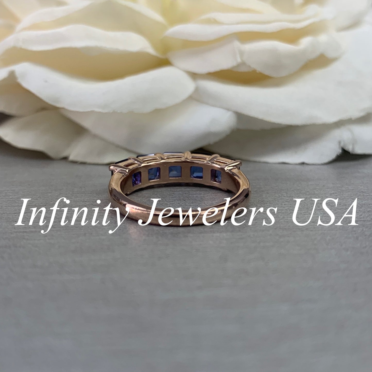 Asscher Cut Sapphire Band / Five Stone Sapphire Anniversary Band / Blue Sapphire Asscher Cut Band / Engagement Gift / 14k Rose Gold