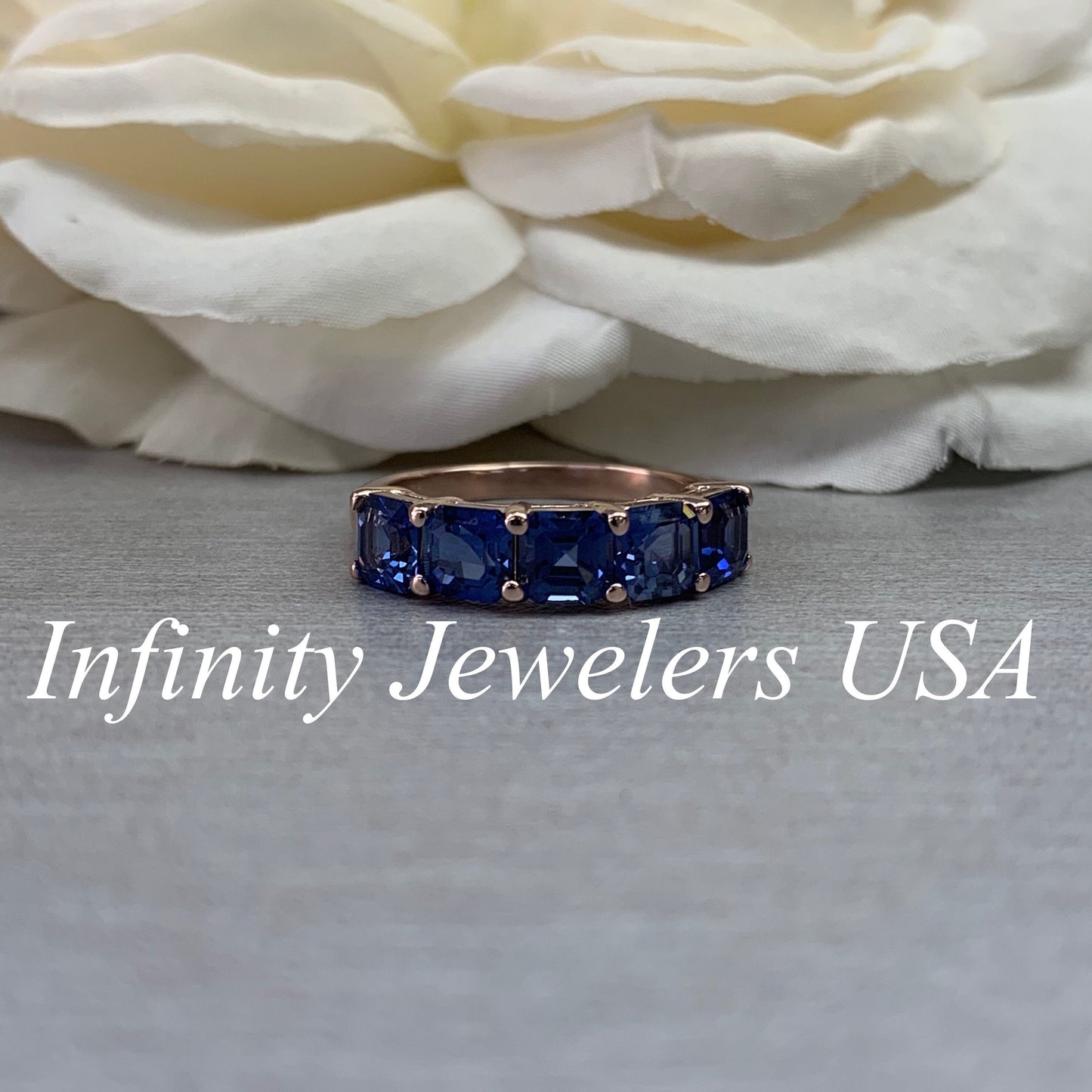 Asscher Cut Sapphire Band / Five Stone Sapphire Anniversary Band / Blue Sapphire Asscher Cut Band / Engagement Gift / 14k Rose Gold