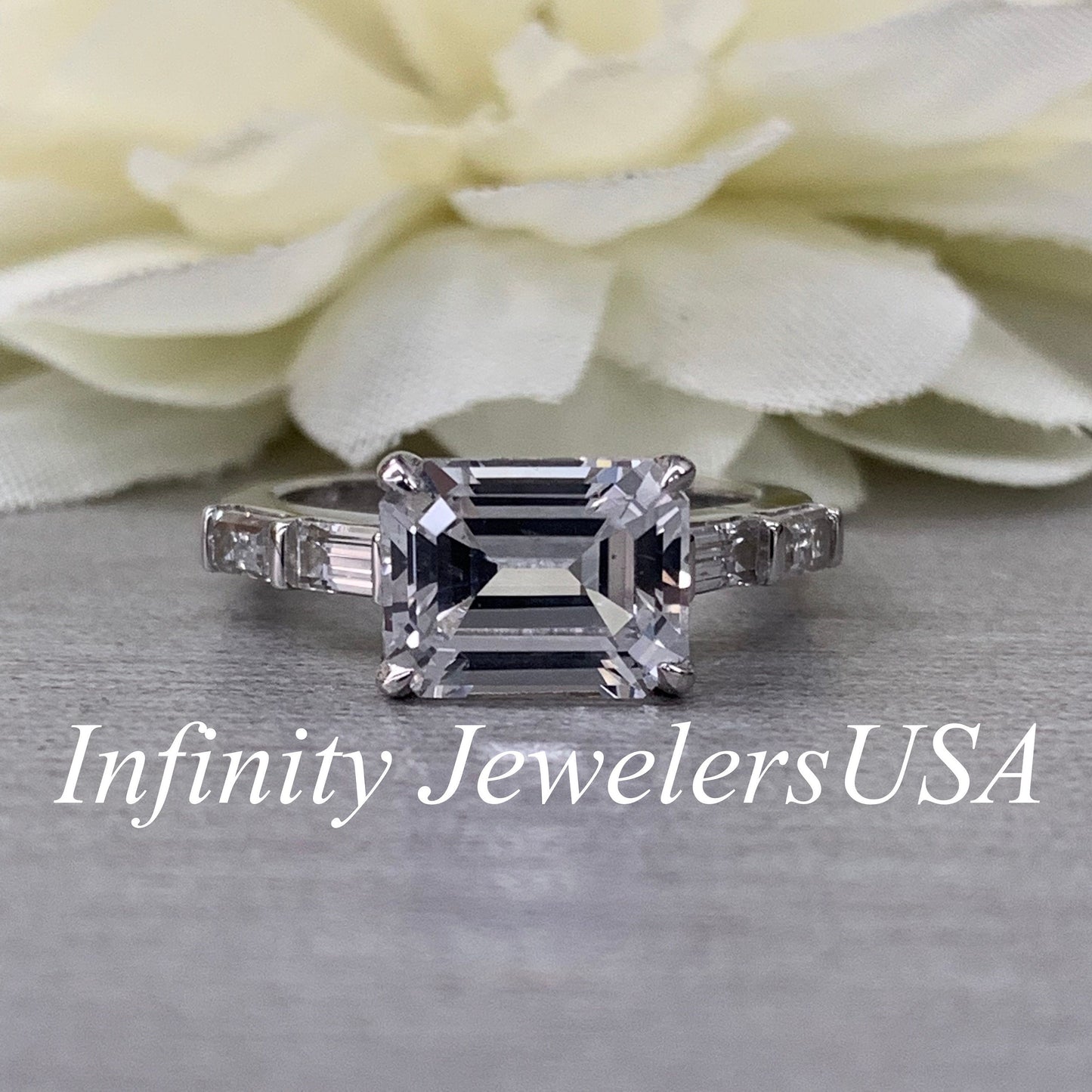 Certified Moissanite Emerald Cut Engagement Ring, East To West Moissanite And Baguette Ring,  Dainty Ring In 14K White Gold