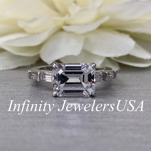 Certified Moissanite Emerald Cut Engagement Ring, East To West Moissanite And Baguette Ring,  Dainty Ring In 14K White Gold