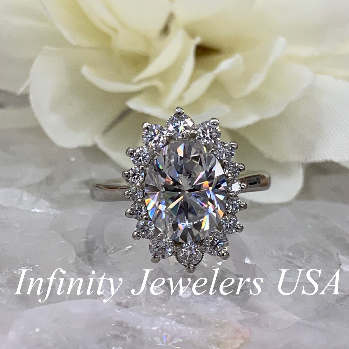 Oval Cut Moissanite Engagement Ring, Oval Shape Moissanite With Moissanite Halo Wedding Ring, 14k White Gold Oval Halo Ring For Ladies #6601