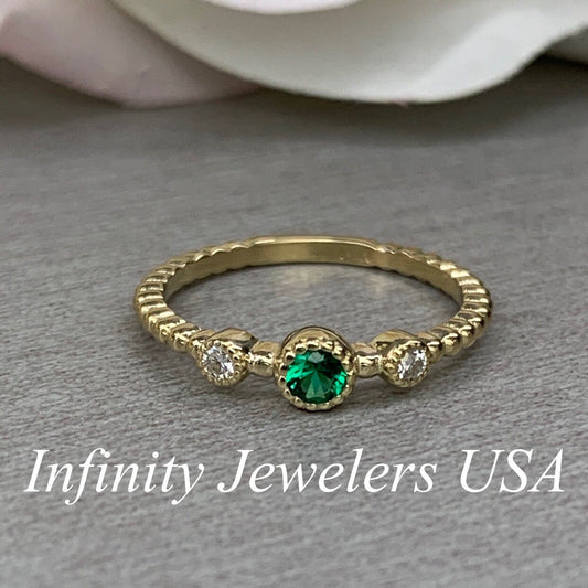 Stacking mothers ring 14k solid gold minimalist dainty emerald ring, thin emerald stacking rings, May birthstone Mother and child ring #6140