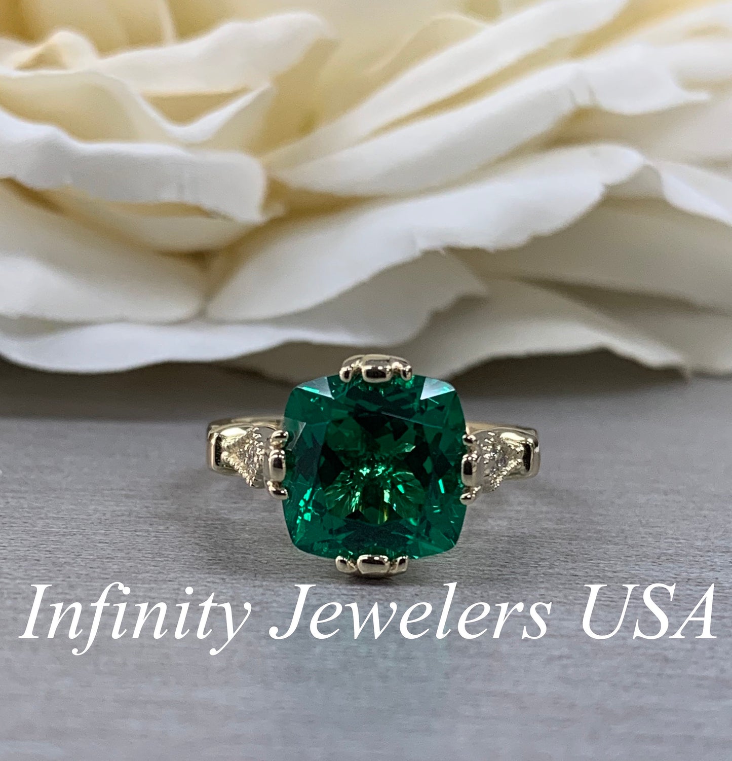 Cushion Cut Emerald And Diamond Engagement Ring, 14k Yellow Gold Cushion Cut Emerald Wedding Ring, Ladies Emerald And Diamond Ring     #5975
