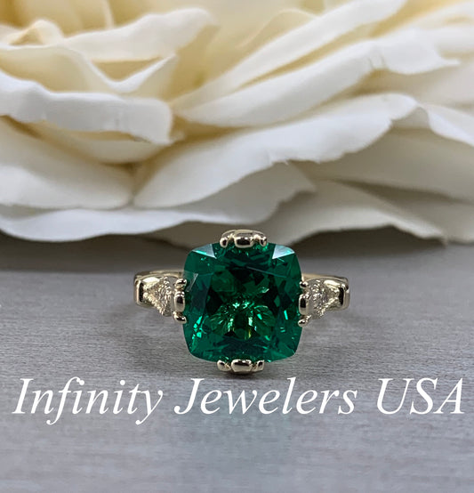 Cushion Cut Emerald And Diamond Engagement Ring, 14k Yellow Gold Cushion Cut Emerald Wedding Ring, Ladies Emerald And Diamond Ring     #5975