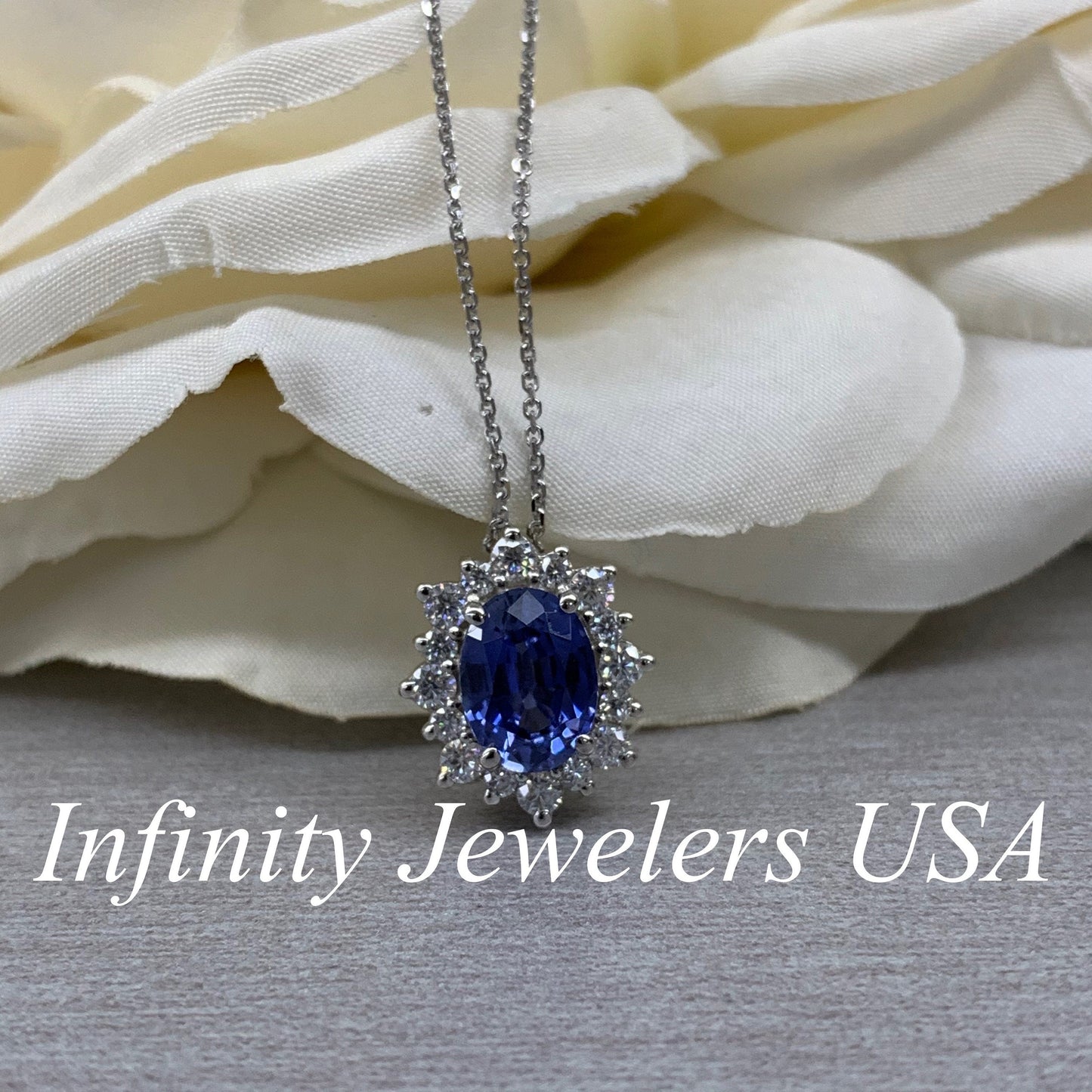 Oval Blue Sapphire Pendant, Moissanite Halo, Sapphire and Moissanite Necklace, Ladies Necklace, Engagement Gift, 14k White Gold, #6644