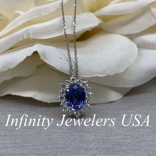 Oval Blue Sapphire Pendant, Moissanite Halo, Sapphire and Moissanite Necklace, Ladies Necklace, Engagement Gift, 14k White Gold, #6644