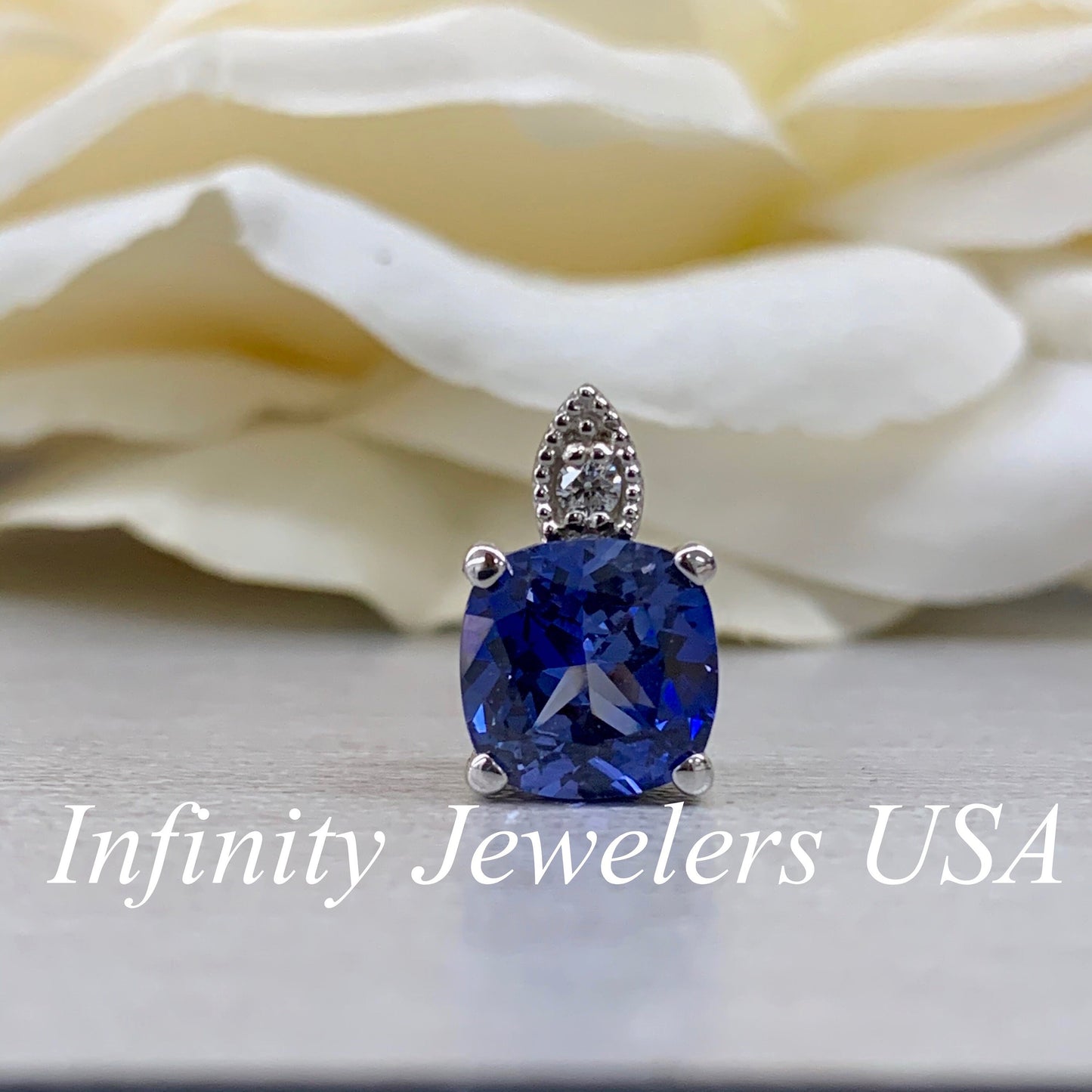 Solitaire Cushion Blue Sapphire Pendant, Sapphire and Diamond Necklace, Ladies Necklace, Engagement Gift, 14k White Gold, #6645