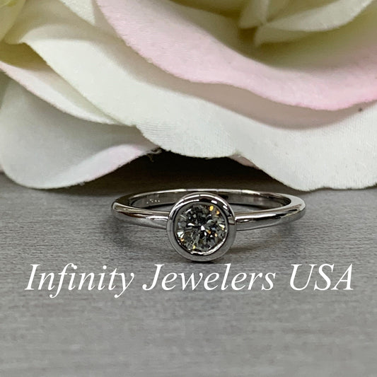Salt And Pepper Diamond Engagement Ring, Solitaire Bezel Set Ladies Ring, Round Anniversary Ring, 14K White Gold