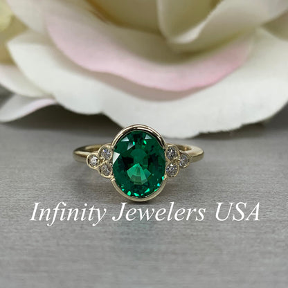 Oval Cut Emerald And Moissanite Engagement Ring, Oval Emerald And Moissanite Bezel Set Ring, Emerald And Diamond Accents Statement Ring 6657