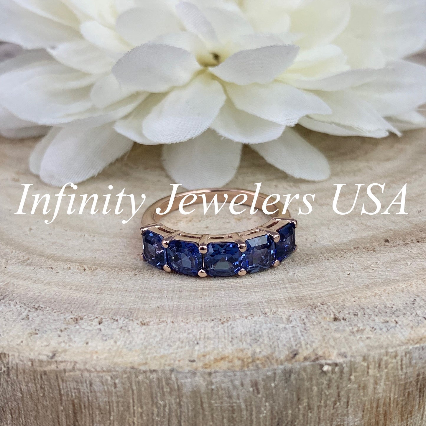 Asscher Cut Sapphire Band / Five Stone Sapphire Anniversary Band / Blue Sapphire Asscher Cut Band / Engagement Gift / 14k Rose Gold