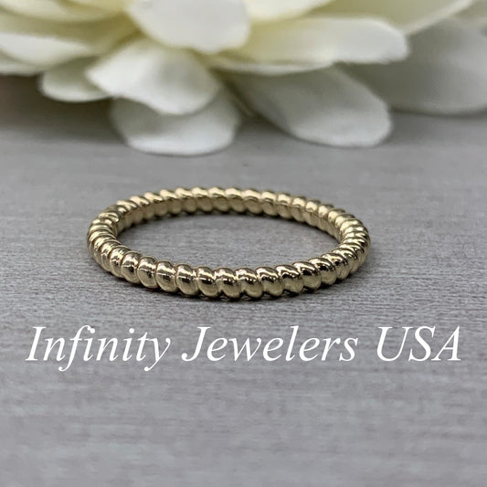 Women's Wedding Band Petite White Gold Twist Stackable Ladies Ring Rope Style Stacking Band, Twisted Rope Eternity Band Yellow Gold,  #6687