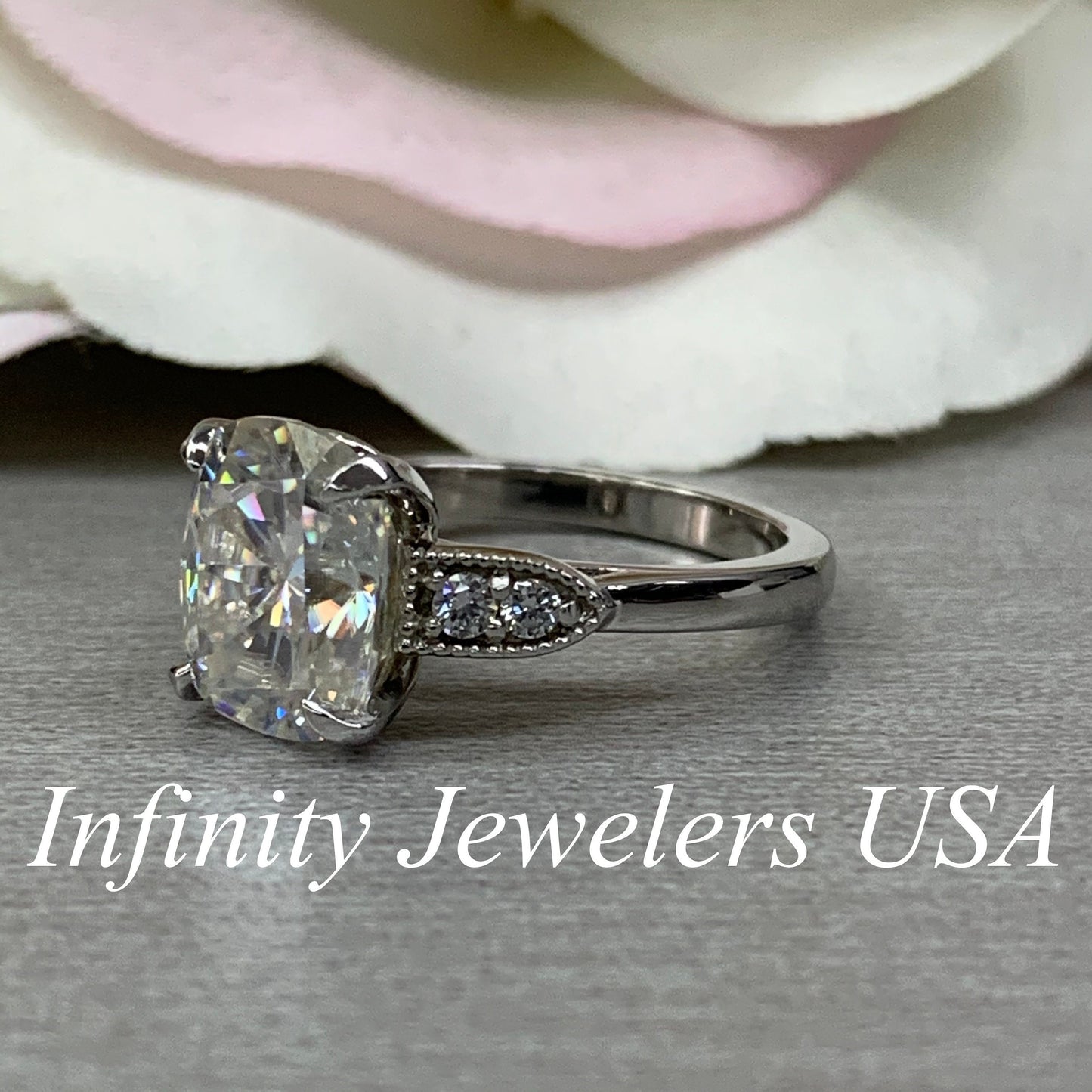 Moissanite Engagement Ring, Elongated Cushion Moissanite And Diamond Ring, Anniversary Gift, Birthday Gift,  14K White Gold #6696