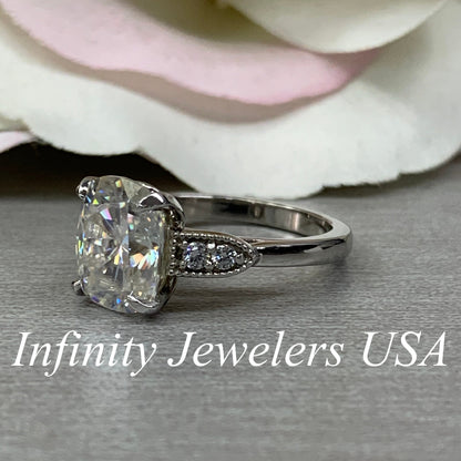 Moissanite Engagement Ring, Elongated Cushion Moissanite And Diamond Ring, Anniversary Gift, Birthday Gift,  14K White Gold #6696