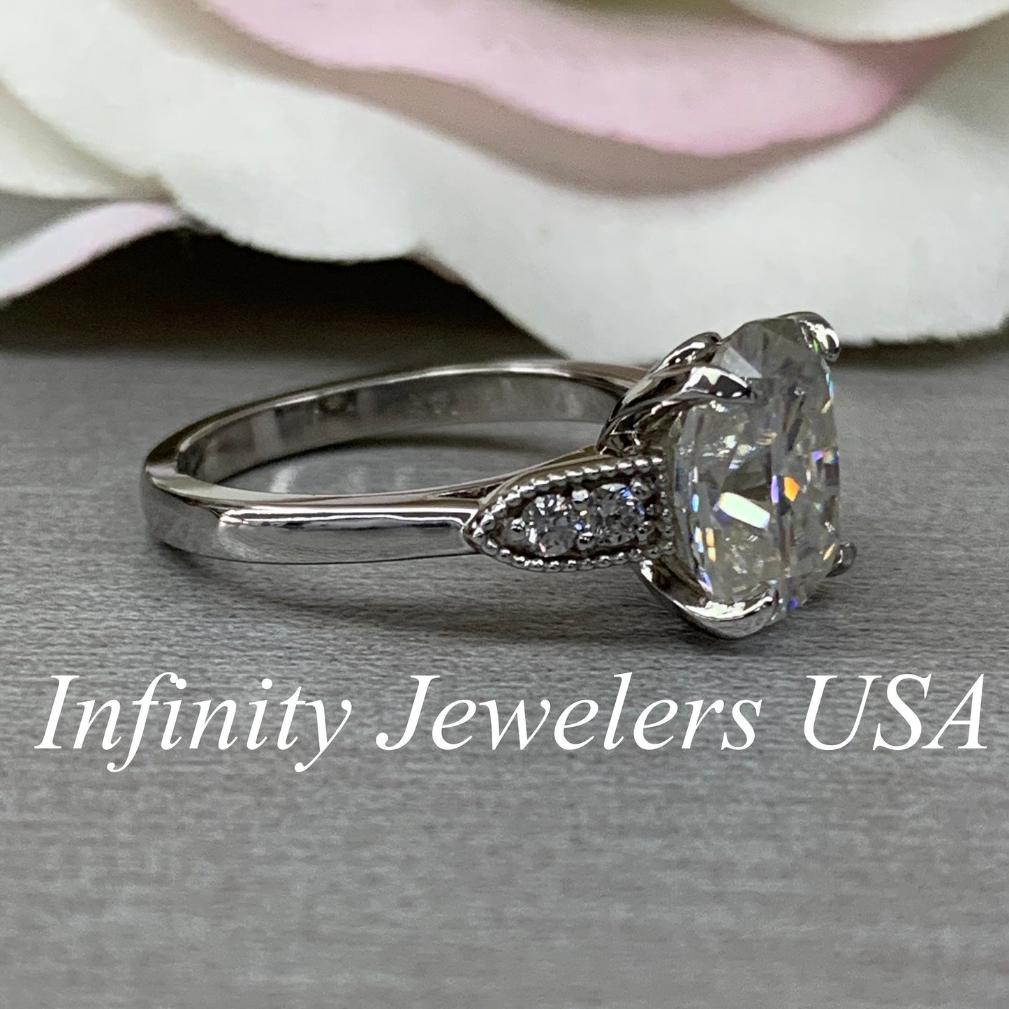 Moissanite Engagement Ring, Elongated Cushion Moissanite And Diamond Ring, Anniversary Gift, Birthday Gift,  14K White Gold #6696