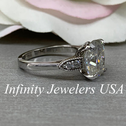 Moissanite Engagement Ring, Elongated Cushion Moissanite And Diamond Ring, Anniversary Gift, Birthday Gift,  14K White Gold #6696