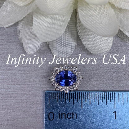 Oval Blue Sapphire Pendant, Moissanite Halo, Sapphire and Moissanite Necklace, Ladies Necklace, Engagement Gift, 14k White Gold, #6644