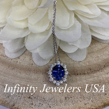 Oval Blue Sapphire Pendant, Moissanite Halo, Sapphire and Moissanite Necklace, Ladies Necklace, Engagement Gift, 14k White Gold, #6644