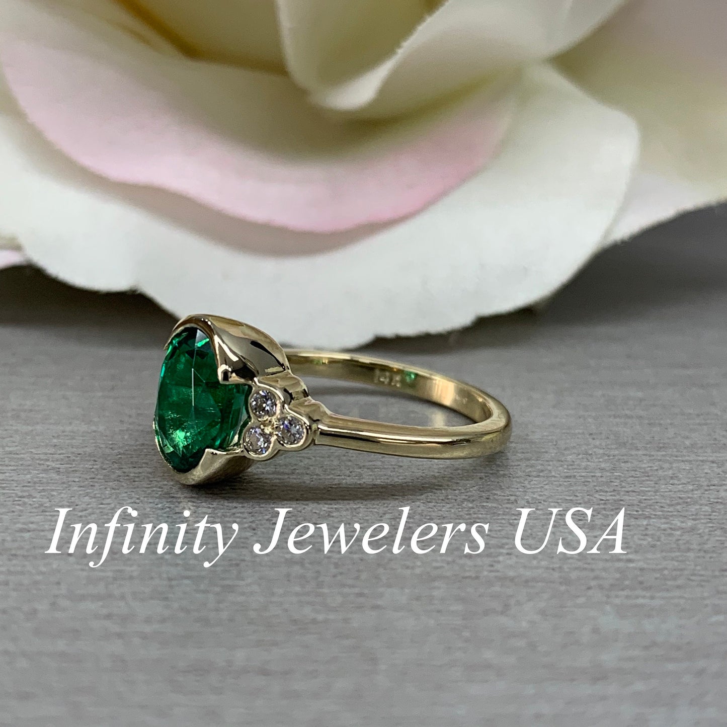 Oval Cut Emerald And Moissanite Engagement Ring, Oval Emerald And Moissanite Bezel Set Ring, Emerald And Diamond Accents Statement Ring 6657
