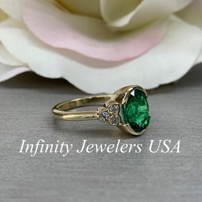 Oval Cut Emerald And Moissanite Engagement Ring, Oval Emerald And Moissanite Bezel Set Ring, Emerald And Diamond Accents Statement Ring 6657