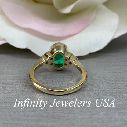Oval Cut Emerald And Moissanite Engagement Ring, Oval Emerald And Moissanite Bezel Set Ring, Emerald And Diamond Accents Statement Ring 6657