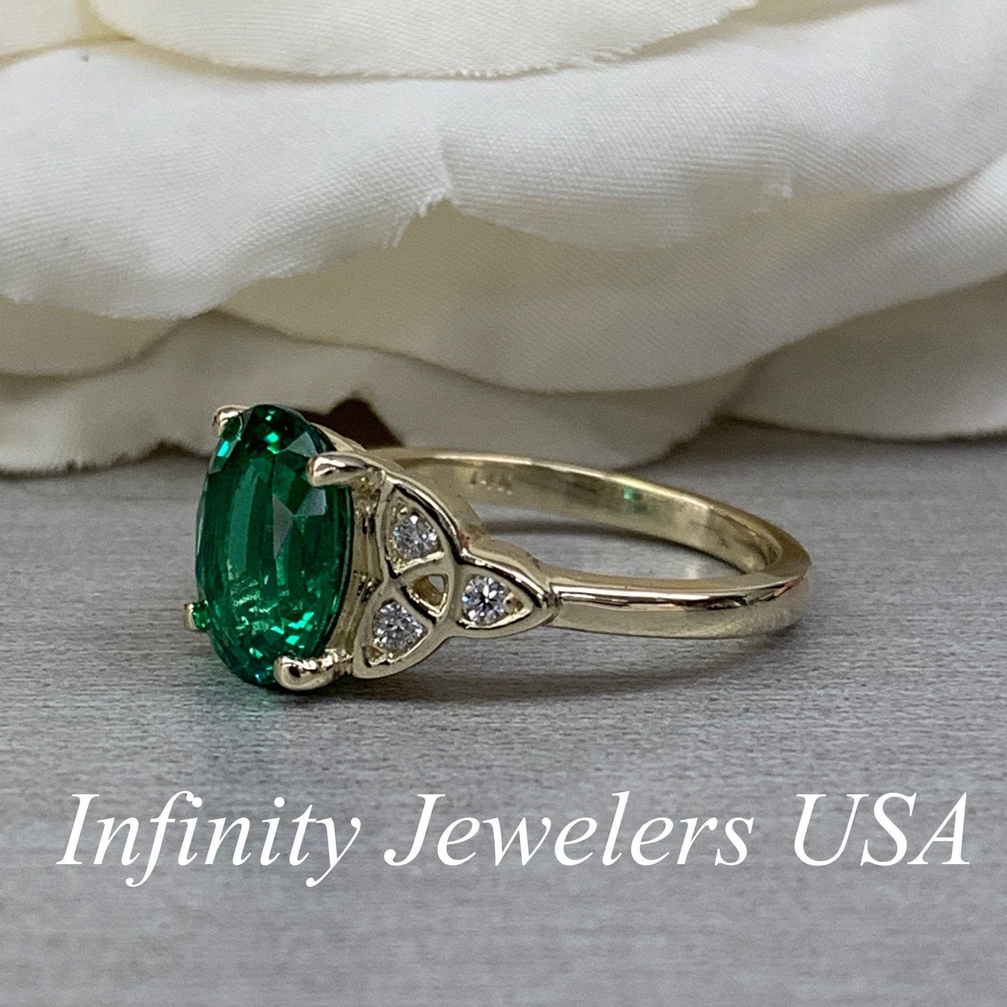 Emerald And Moissanite Ring 14K Yellow Gold, Celtic Wedding Rings, May Birthstone Ring, 14k Emerald Ring, Art Deco Engagement Ring,  #6716